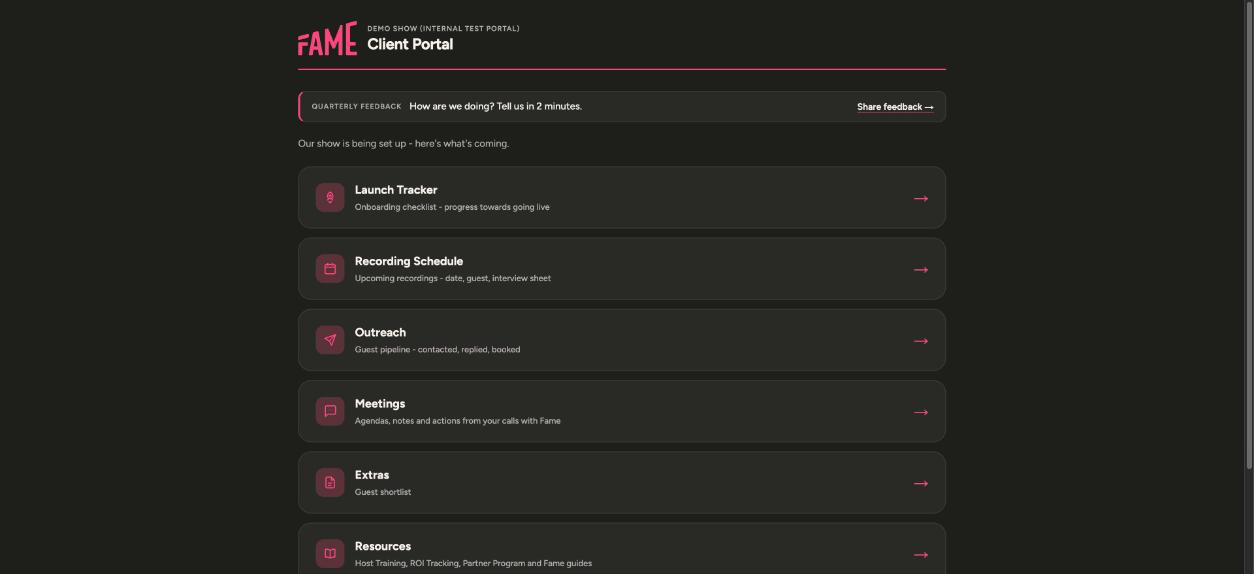 Screenshot: a client's portal home (Fame's internal demo show)