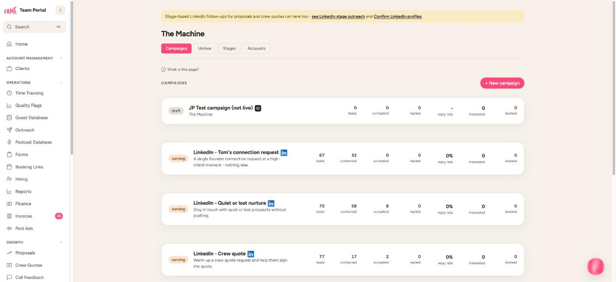 Screenshot: The Machine's campaign list