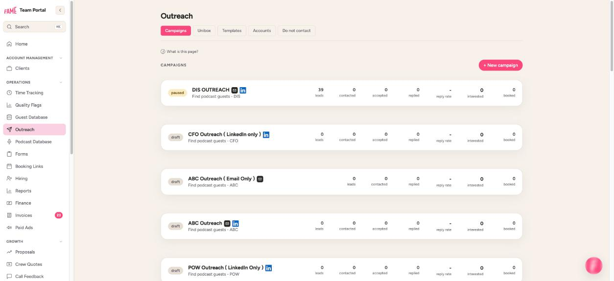 Screenshot: the guest outreach campaign list