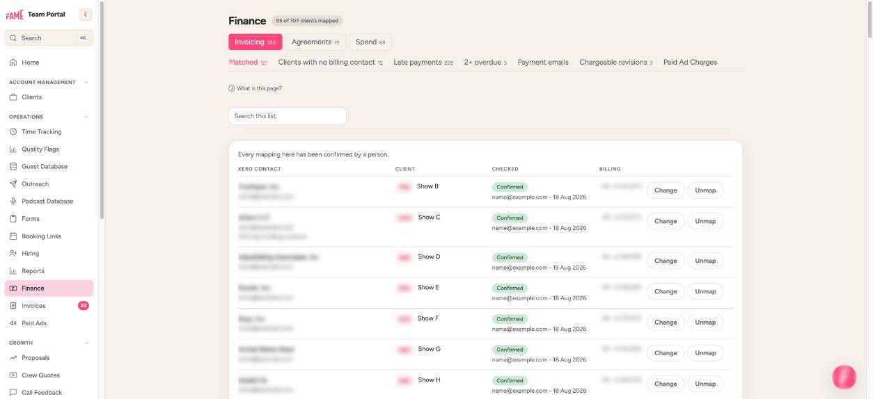 Screenshot: Xero contacts matched to clients (names hidden)