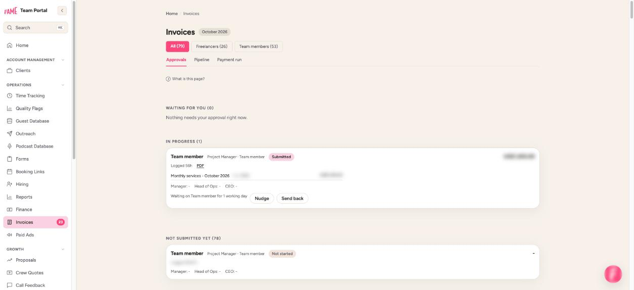 Screenshot: the invoice approvals queue (names and amounts hidden)