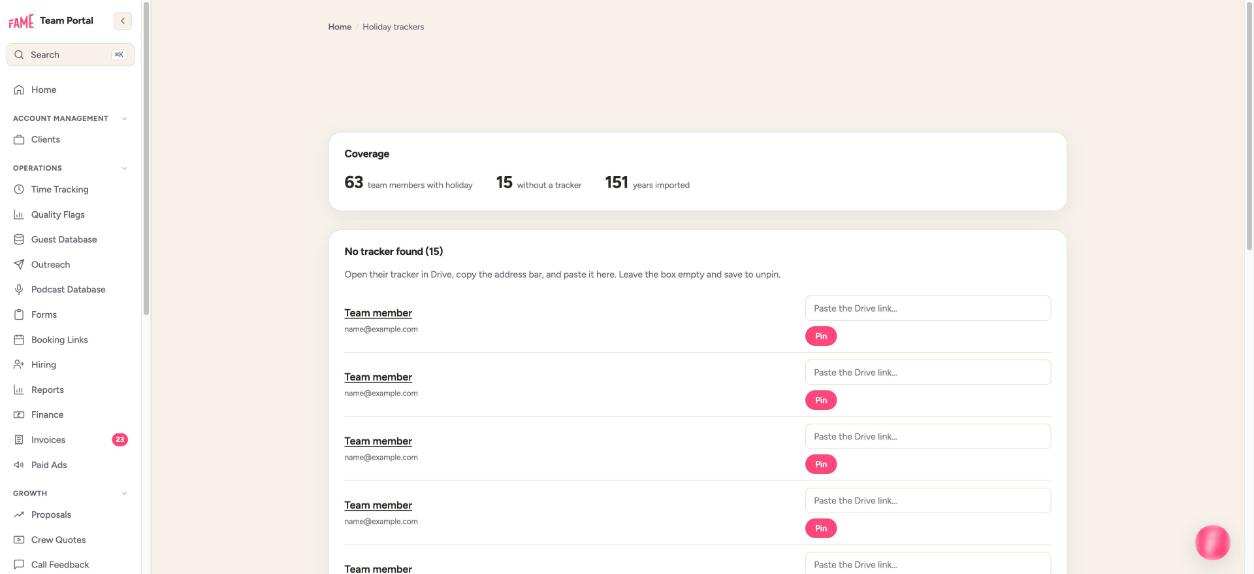 Screenshot: the holiday tracker coverage page (names replaced)
