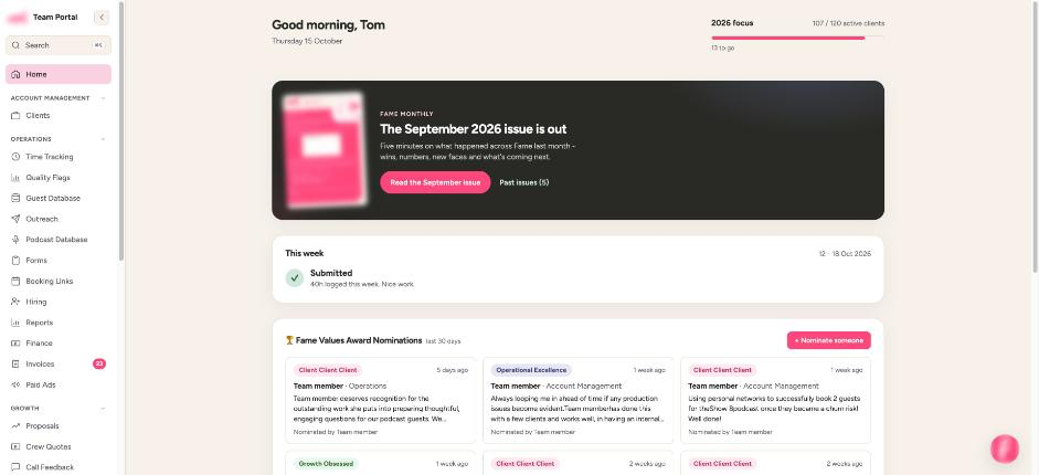 Screenshot: the team hub home page (names replaced)