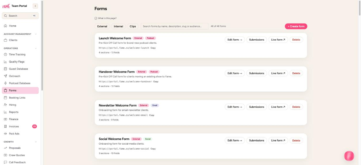 Screenshot: the internal forms library