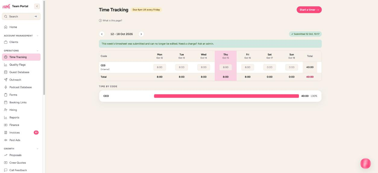 Screenshot: a weekly timesheet